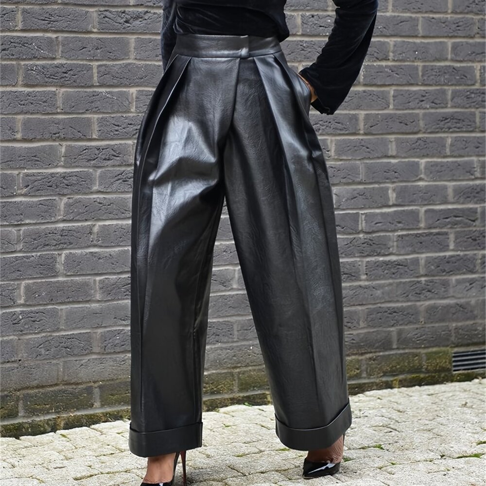 Black: High-Waist Faux Leather Pleated Wide-Leg Cuffed Pants | Black
